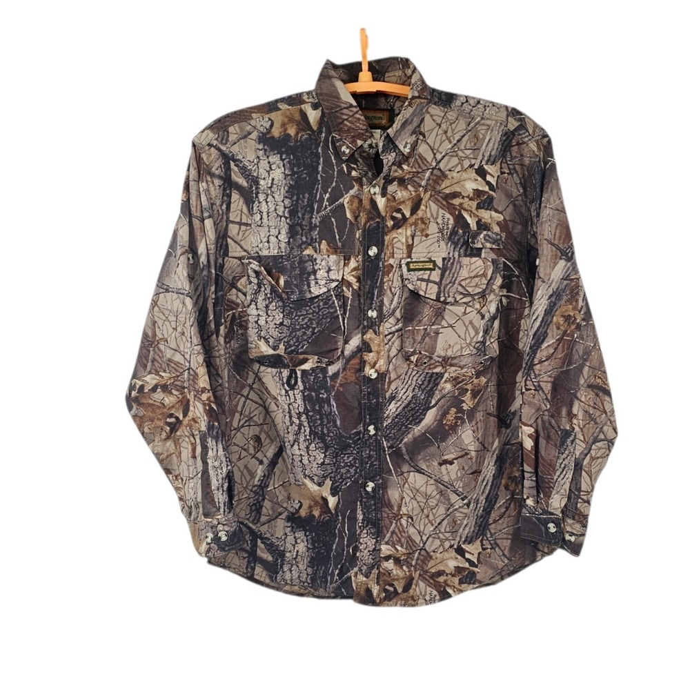 Remington Vintage‎ Vented Hunting Shirt Large Mossy Oak Roll Tab Sleeves Camo